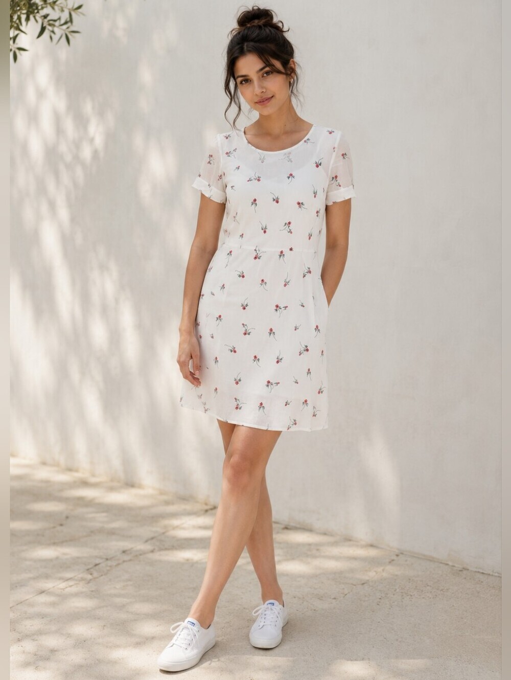 Free People White Rose Print Mini Dress 12 NWT Short Sleeve Cottagecore